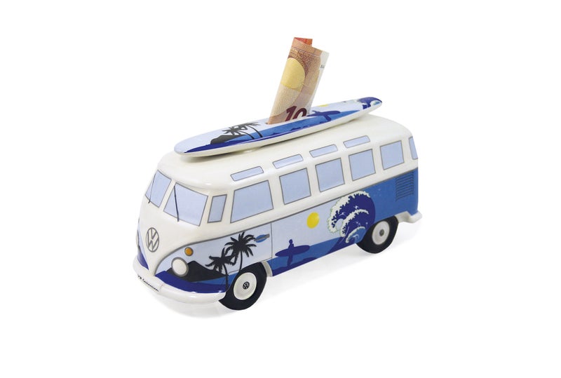 BRISA VW Collection - Volkswagen Savings Bank Piggy Bank Money Coin Box with Surfboard in T1 Bus Samba Design (Surf/Blue) - Image 1